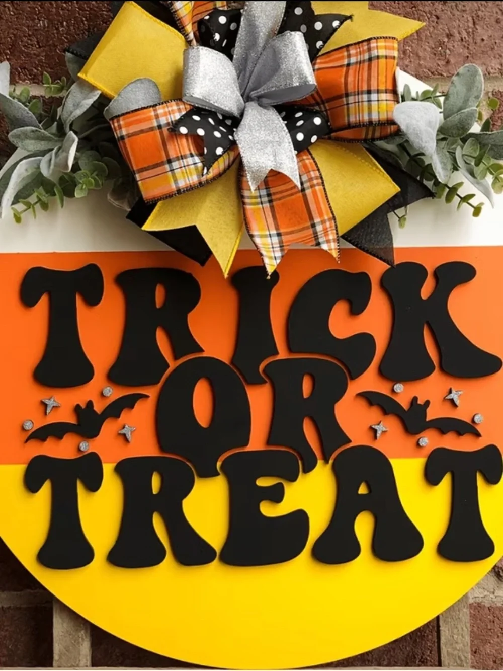 Retro 70’s Style Trick or Treat Candy Corn Door Hanger - Orange, Yellow & Bows